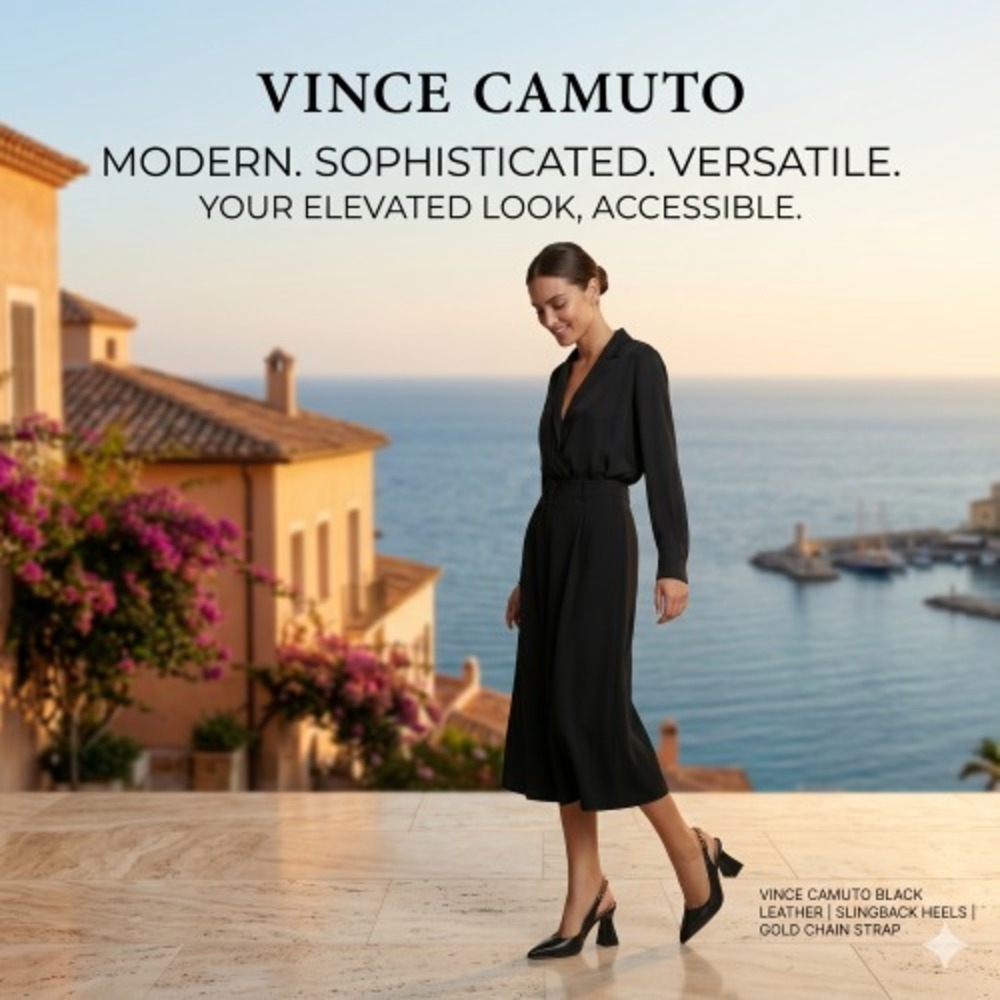 Vince Camuto Black‎ Slingback Heels with Gold Chain – Modern Block Heel 10M